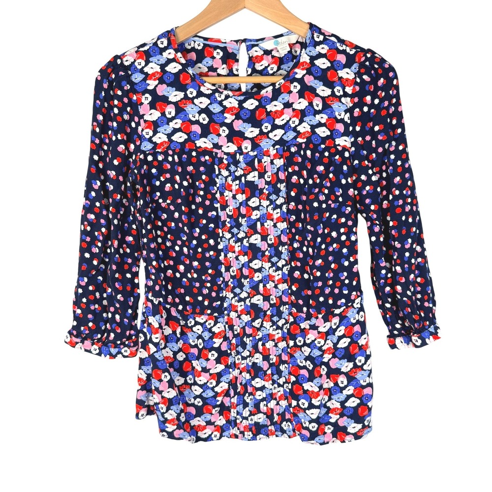 Boden Mixed Floral Pin-Tuck Blouse Navy Red 3/4 Sleeve Top US 4